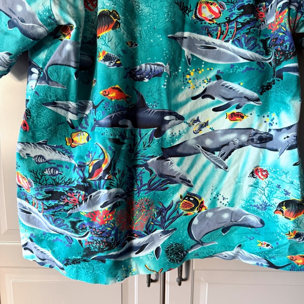 Kolekole Vintage Mens Hawaiian Marine Life Aloha Shirt, Teal, M - Picture 7 of 12